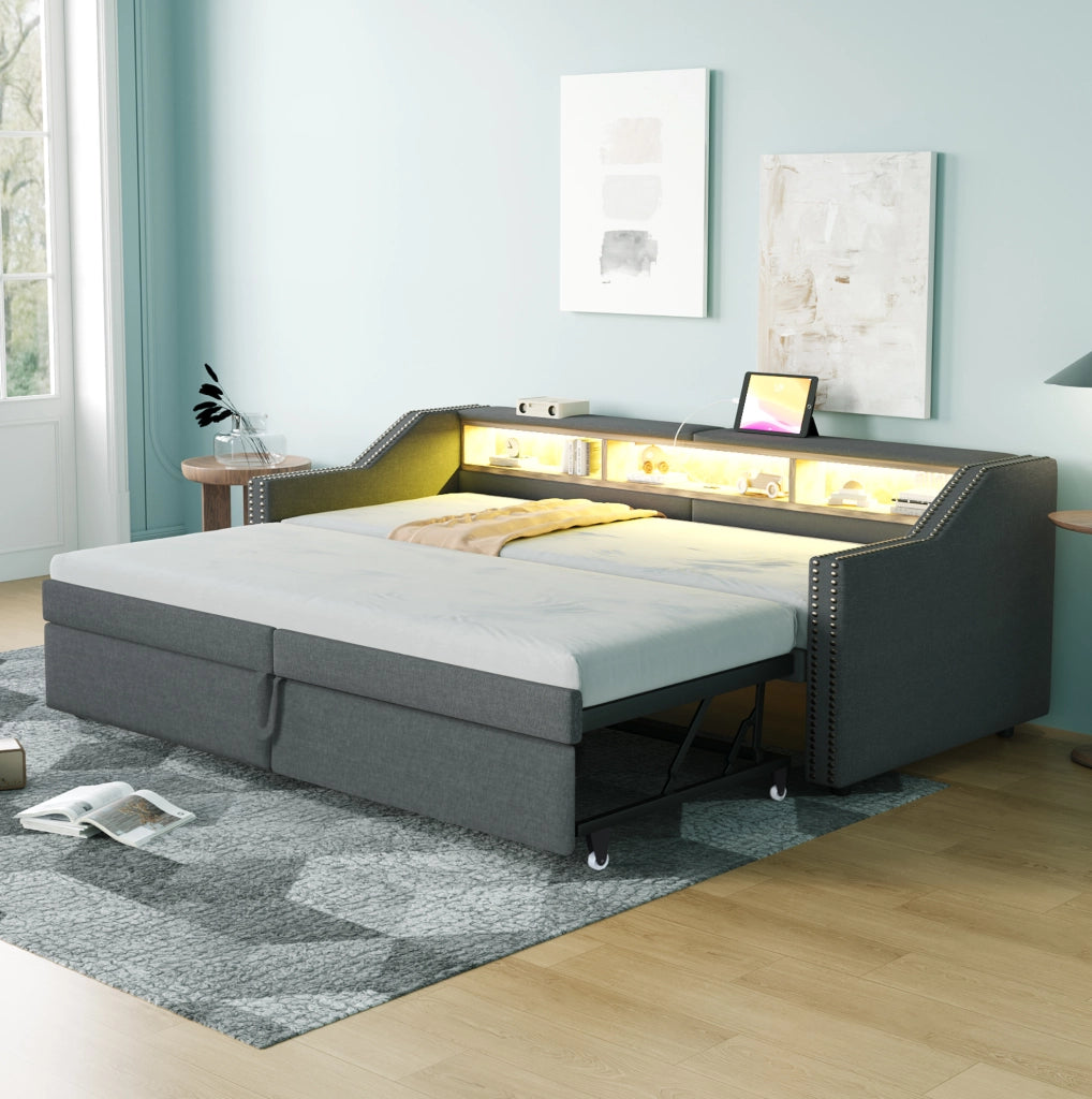 Divano letto estraibile 90/180x200 cm con LED e USB grigio scuro