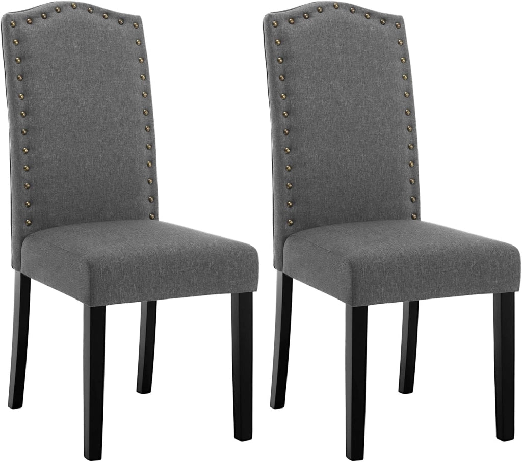 6 Pezzi Sedie per Sala da Pranzo con Schienale Alto, Sedie da Cucina con Gambe in Legno Massello, Sedia da Soggiorno Imbottite, Decorazione con Rivetti, in Lino, Grigio chiaro, BH386hgr-6
