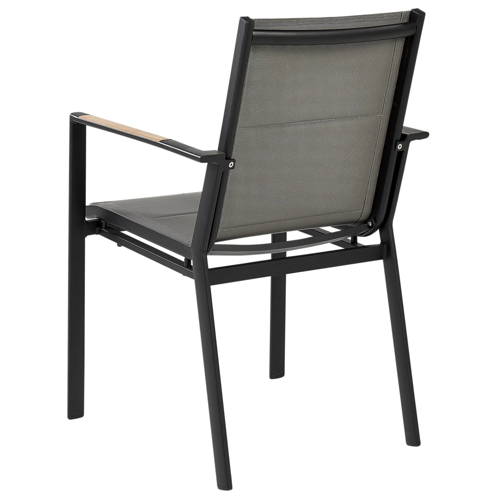 Set di mobili da esterno tavolo rotondo da pranzo nero 110 cm in alluminio e legno sintetico 4 sedie cuscini grigi