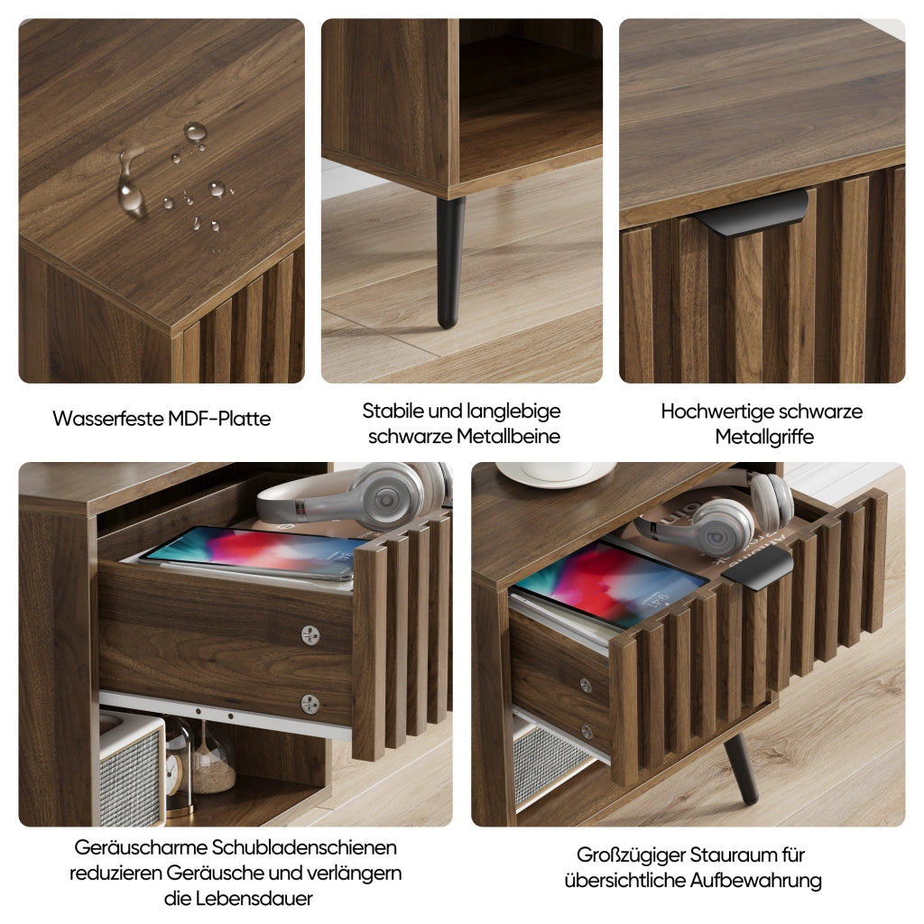 Comodino con 1 cassetto e 1 vano aperto, con gambe in metallo, per camera da letto, in MDF, noce, 45 × 40 × 53 cm