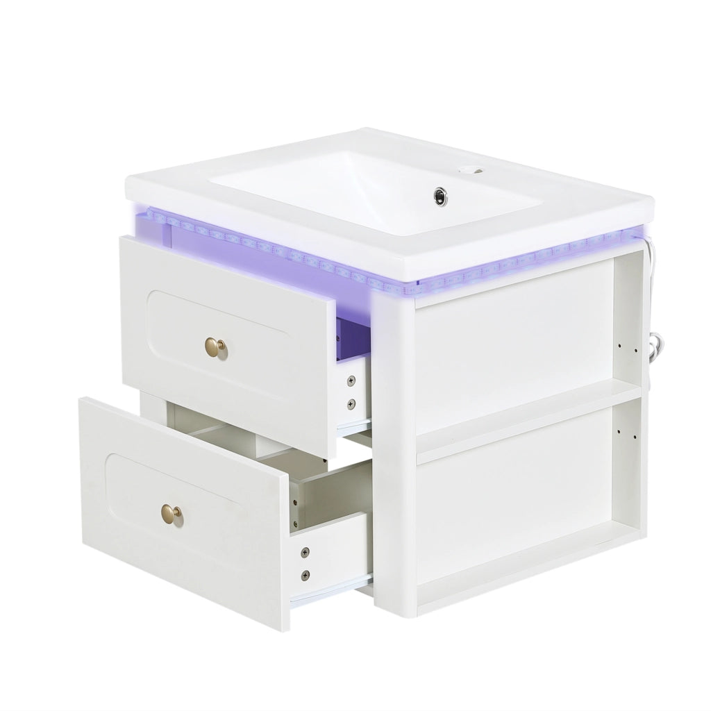 Mobile bagno sospeso da 61 cm con LED; 2 cassetti e lavabo in ceramica