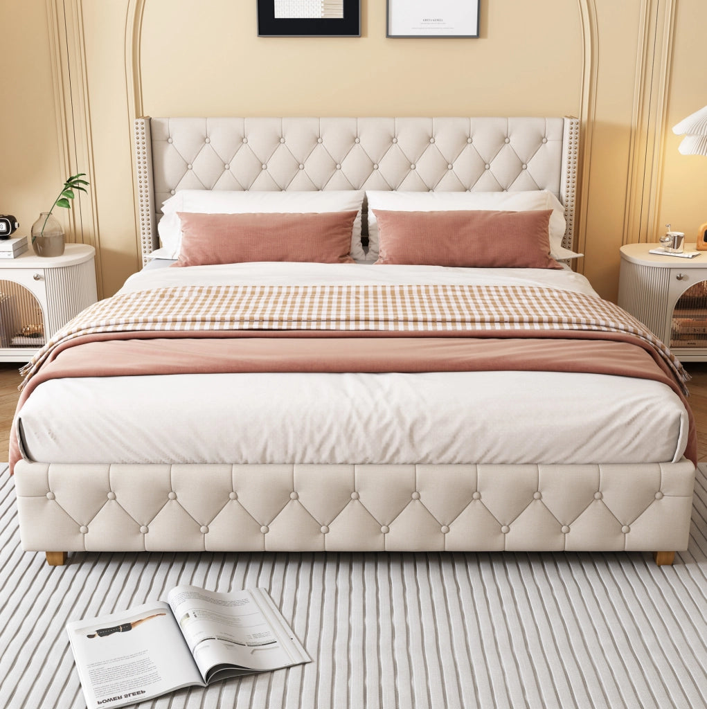 Letto imbottito 140x190 cm capitonn茅 con testiera e pediera in lino beige (Senza materasso)