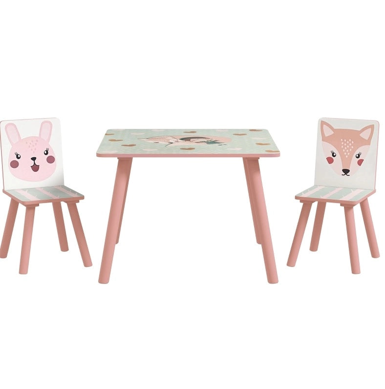 Set tavolo e 2 sedie per bambini 60x60x44 cm in pino rosa, per cameretta