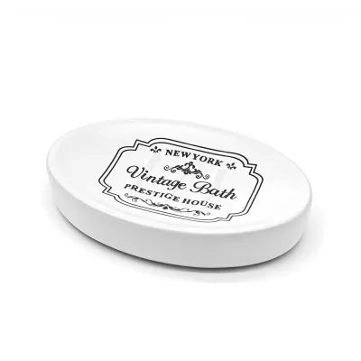 Portasaponetta in ceramica bianca con stampe a contrasto nere vintage