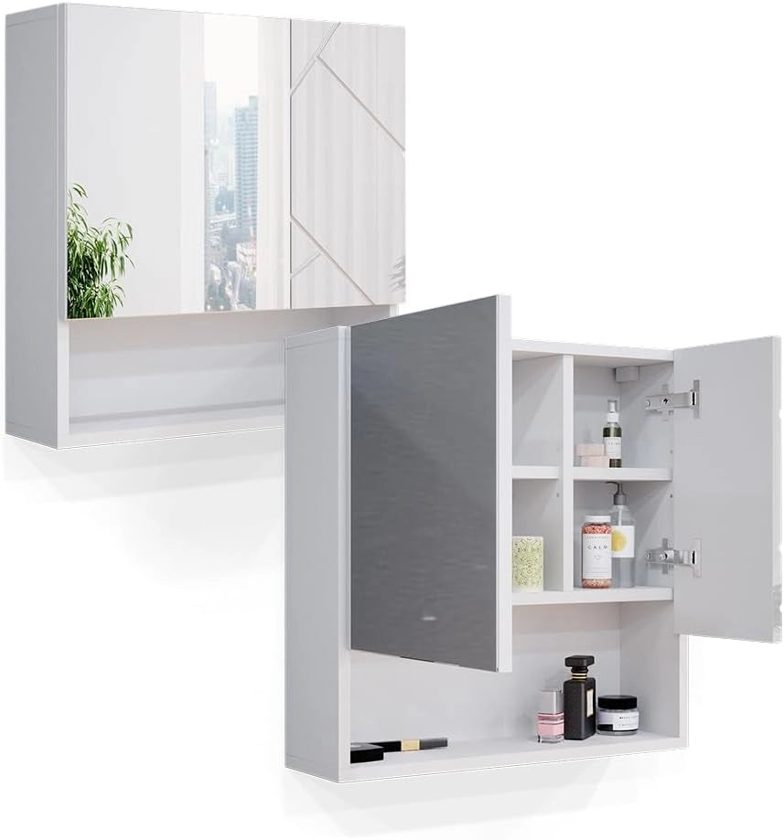 Specchio contenitore bagno Irma, Bianco lucido, 54 x 55 cm, per montaggio a parete con specchio e vani a giorno