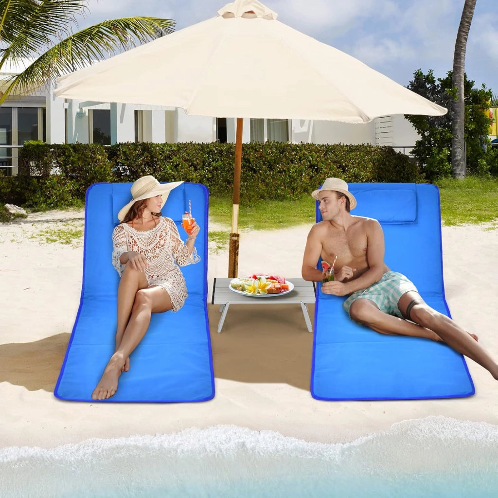 Set di 2 Materassi da Spiaggia Pieghevoli e Tavolino, Sedie a Sdraio da Spiaggia Regolabili in 5 Posizioni con Poggiatesta Rimovibile, Tasca per Giardino, Campeggio (Blu)