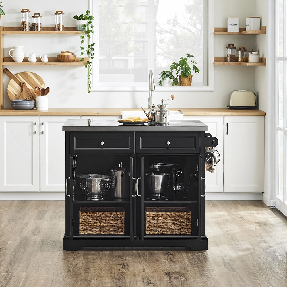 SoBuy | Isola cucina pieghevole nera | Carrello da cucina a 4 ruote | Cucina a penisola con 4 ante | 115.0x71.0x92.5 cm | Capacità di carico 78 kg | FKW71-II-SCH