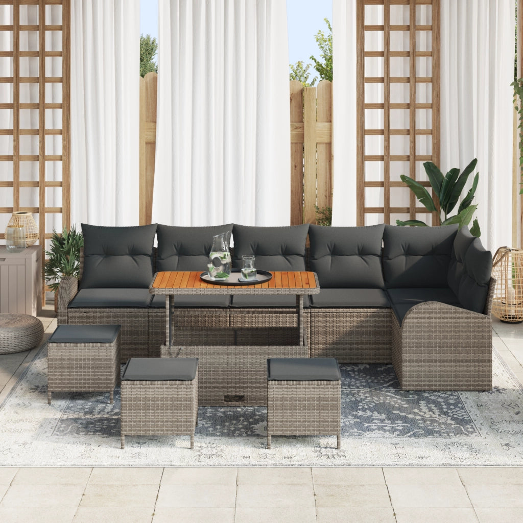 Set di divani da giardino  da 10 pezzi con cuscini grigi in polirattan e acacia