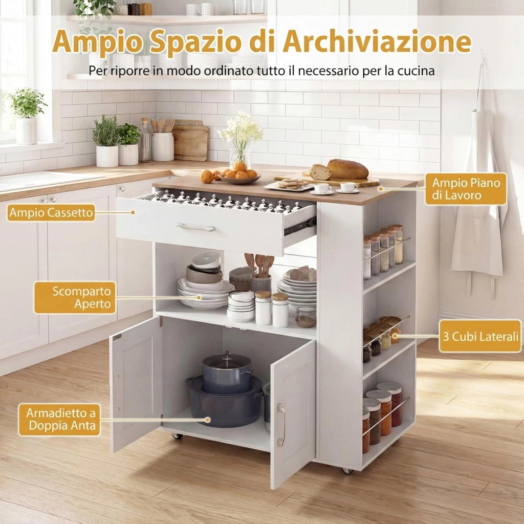 Carrello da Cucina con Ruote, Isola da Cucina con 3 Portaspezie 1 Cassetto Armadietto a 2 Porte, Carrello Portaoggetti con Portasciugamani, 82x46x92 cm (Bianco, con presa)