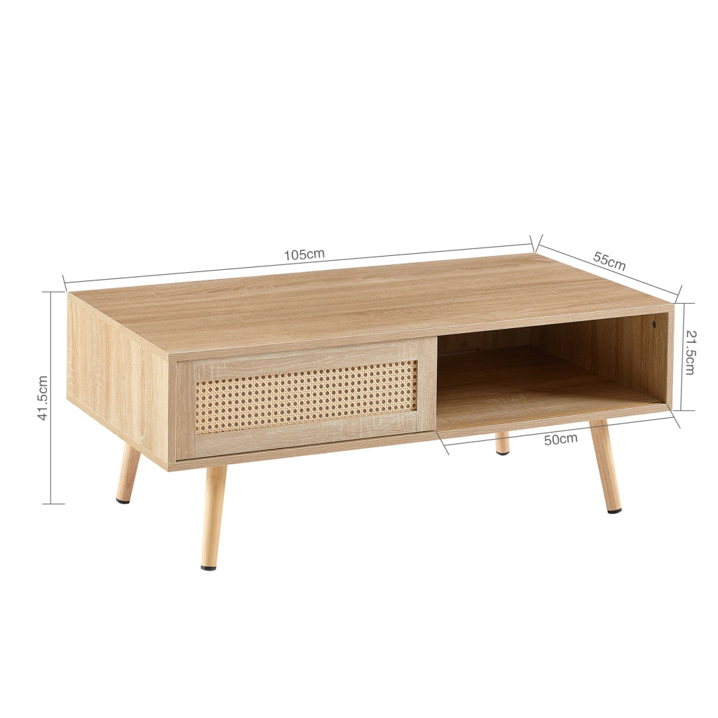 TAVOLINO DA SALOTTO 105x55x40 cm MDF Legno Naturale effetto rattan con anta scorrevole