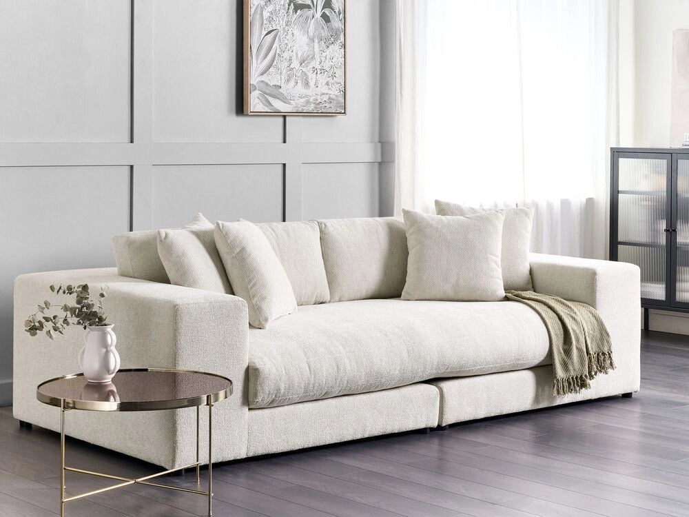 Divano 3 posti in tessuto di poliestere bianco sporco 240 cm x 120 cm x 61 cm con schienale e braccioli soggiorno moderno