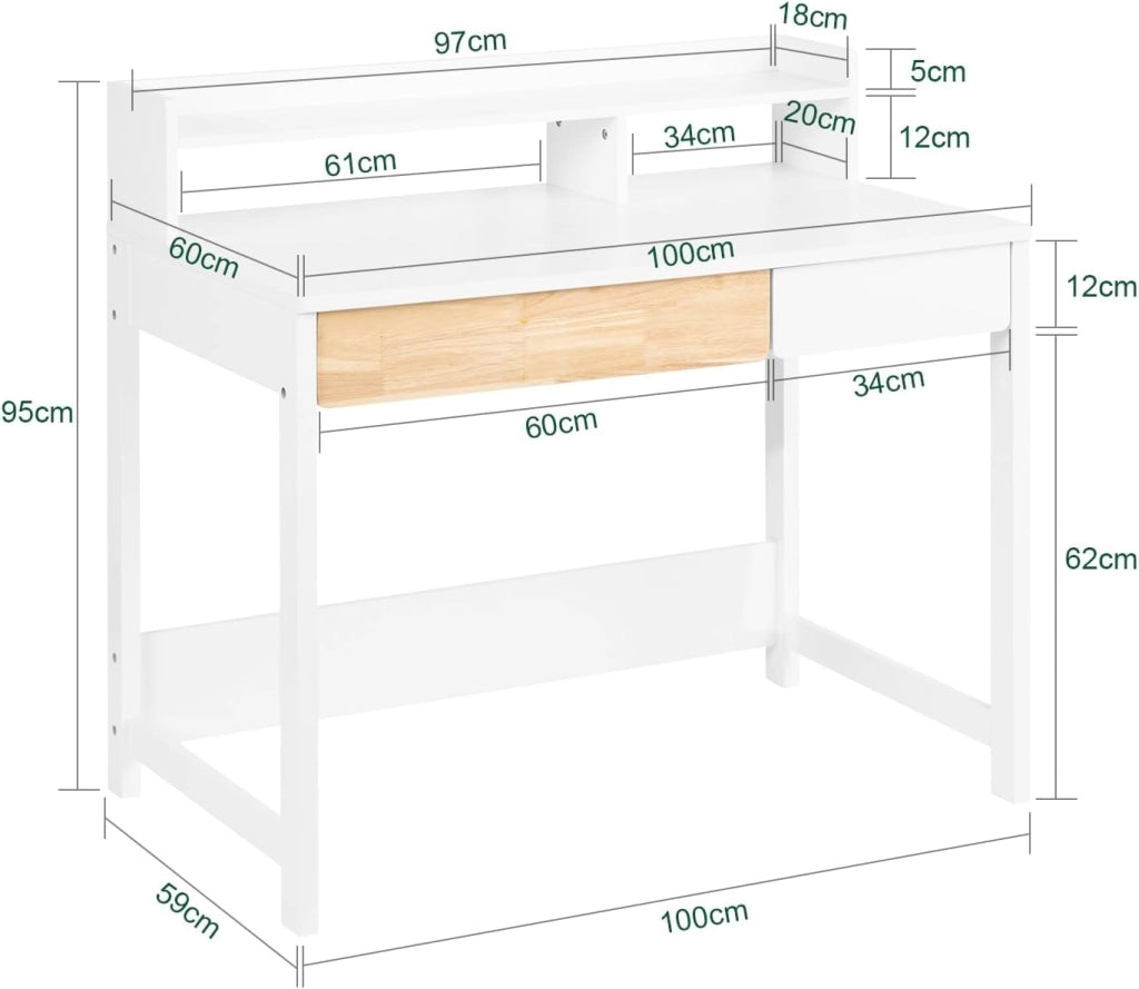 Scrivania Salvaspazio con 2 Cassetti Scrivania Ufficio Compatta Tavolo da Lavoro per Studio Cameretta e Camera da Letto Bianco 100x59x95cm FWT106-W