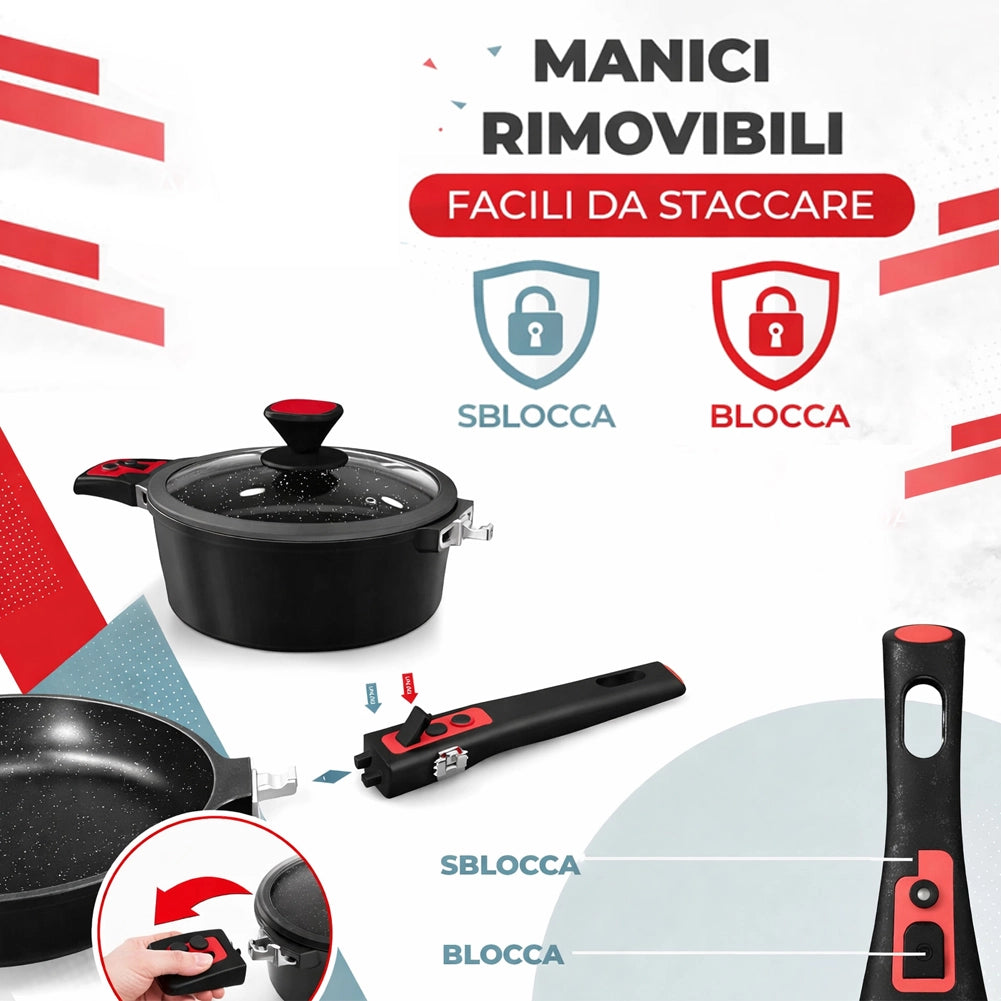 Batteria Pentole Rubino Suprem 24PZ Alluminio Pressofuso Nero Manici Removibili