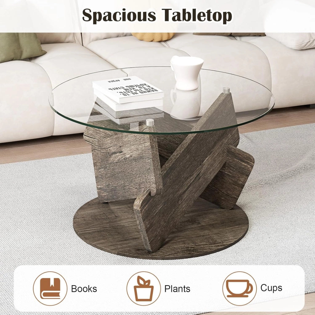 Tavolino in Vetro, Tavolo da Salotto Rotondo con Piano in Vetro Temperato, Gambe in Legno Massiccio, Tavolino Moderno, per Salotto, Camera, Ufficio, Appartamento, 81 x 49 cm, Grigio