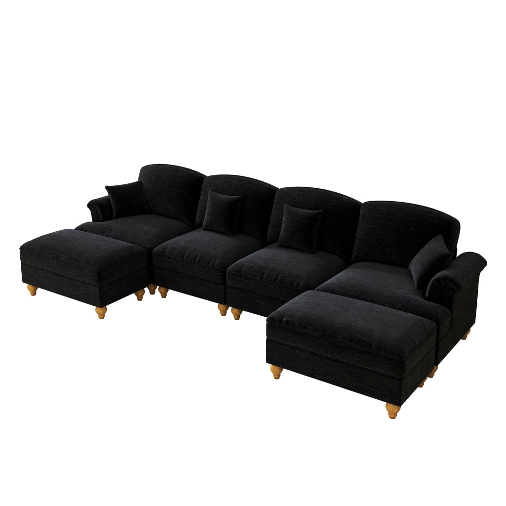 Divano Modulare U 4 Posti in Chenille con Poggiapiedi ¨C Xylo ¨C Nero, Braccioli, Gambe