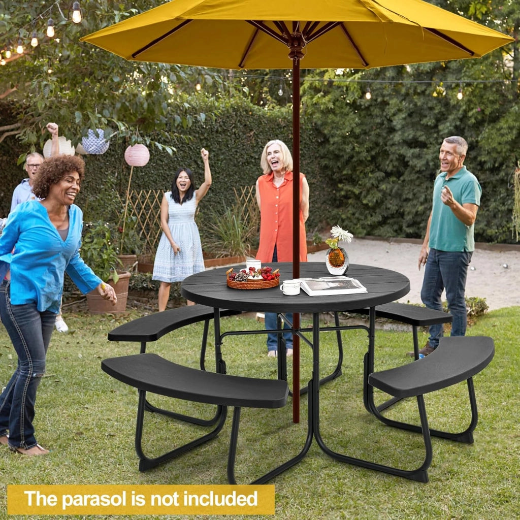 Set di Tavolo da Picnic Rotondo per 8 Persone, Set di Sedie e Tavolo con Foro per Ombrellone, Mobili da Giardino con 4 Panche, in HDPE e Metallo, φ190 x 76 cm (Nero)