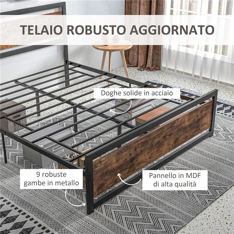 STRUTTURA LETTO MATRIMONIALE IN LEGNO E ACCIAIO CON DOGHE IN STILE INDUSTRIALE, 160X200CM