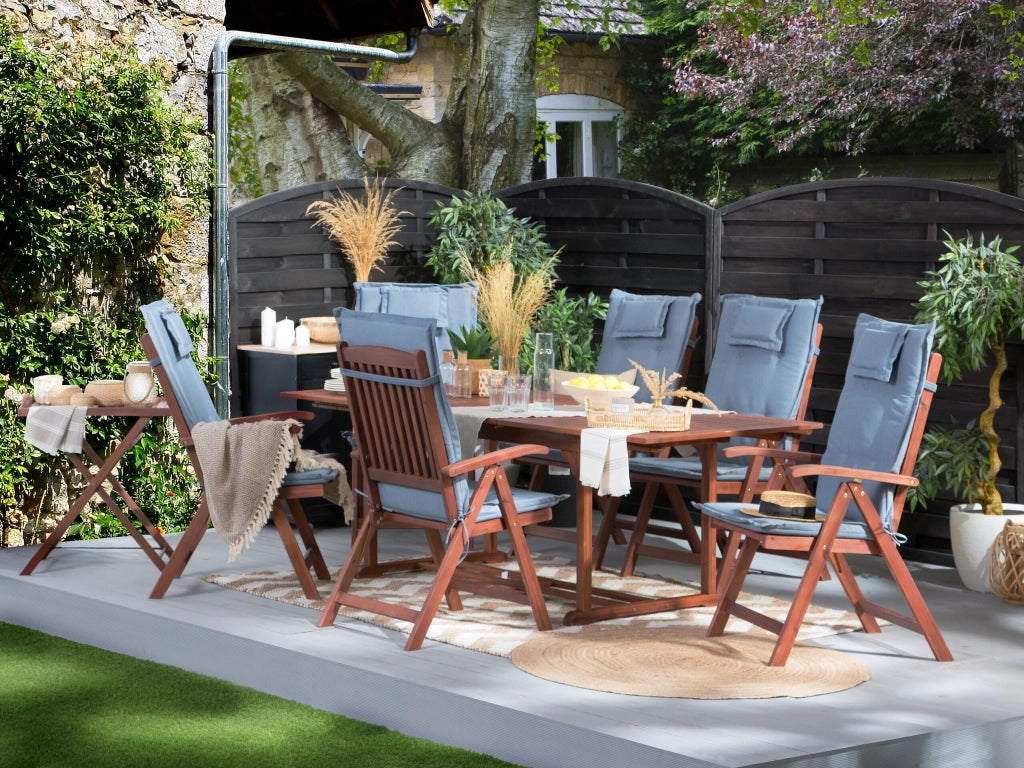 Set da pranzo da giardino Tavolo allungabile legno acacia chiaro 6 sedie con cuscini blu Schienale regolabile pieghevole in stile rustico