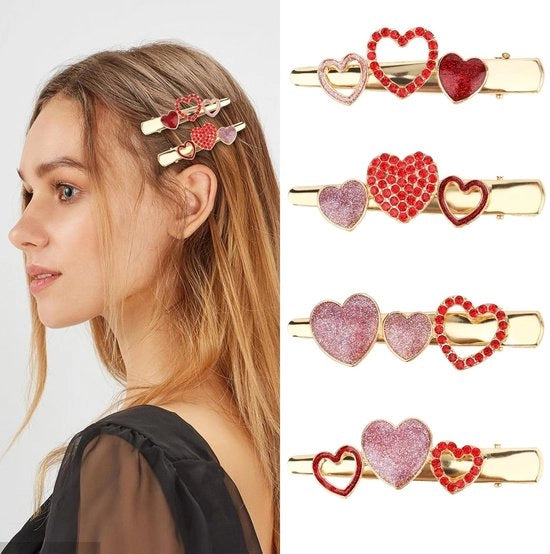 4 Set di Clip per Capelli a Cuore per San Valentino – Clip per Capelli con Strass e Glitter – Spille per Capelli a Alligatore Metallico