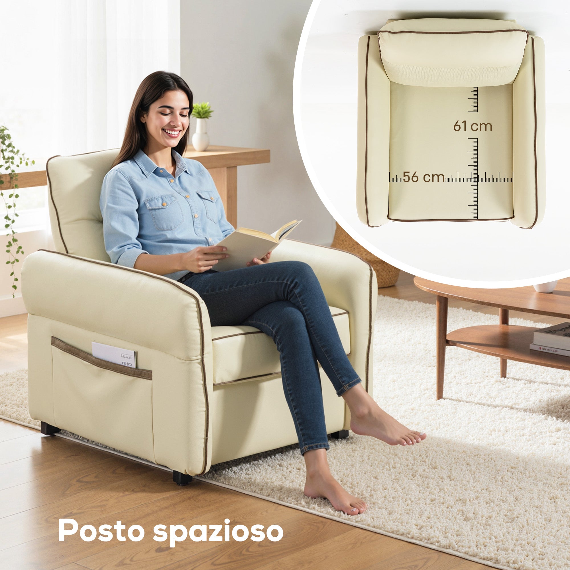 Poltrona da Salotto Moderna con Imbottitura Spessa Tasca Laterale e Rivestimento in Finta Pelle Beige