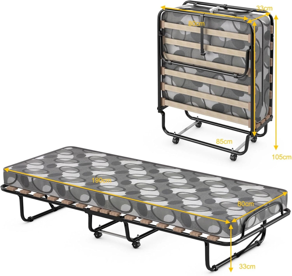 Brandina Pieghevole con Materasso, in Memory Foam, Struttura Resistente e 4 Ruote Girevoli, Lettino Pieghevole per Casa Ufficio, 190x80x33 cm (Grigio)