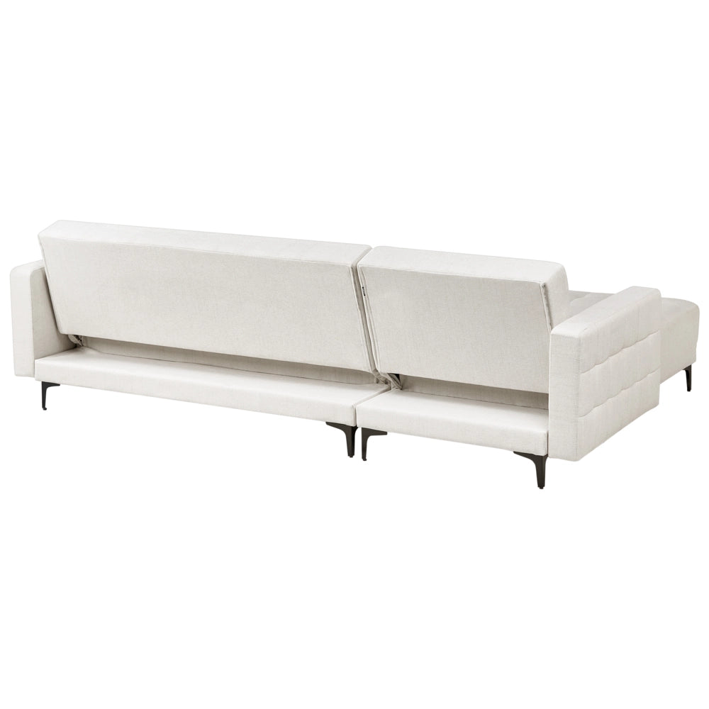 Divano letto angolare in tessuto bianco sporco versione destra con pouf moderno a L componibile