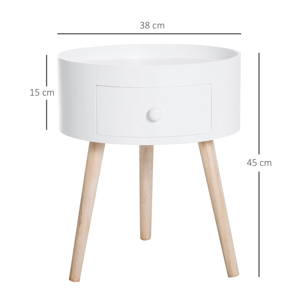 Tavolino rotondo con cassetto in legno bianco