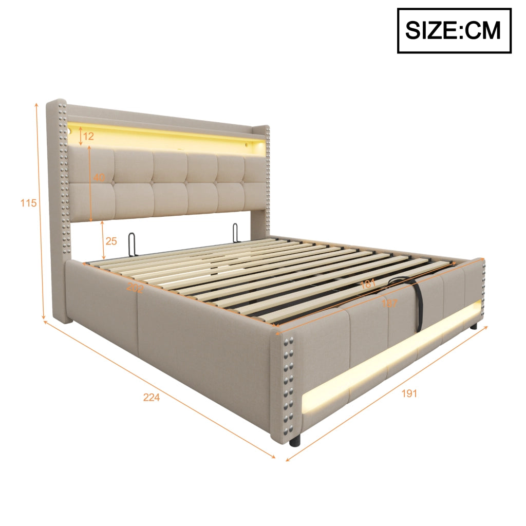 Letto imbottito matrimoniale 180x200 cm con LED, USB, contenitore idraulico e testiera con ripiani