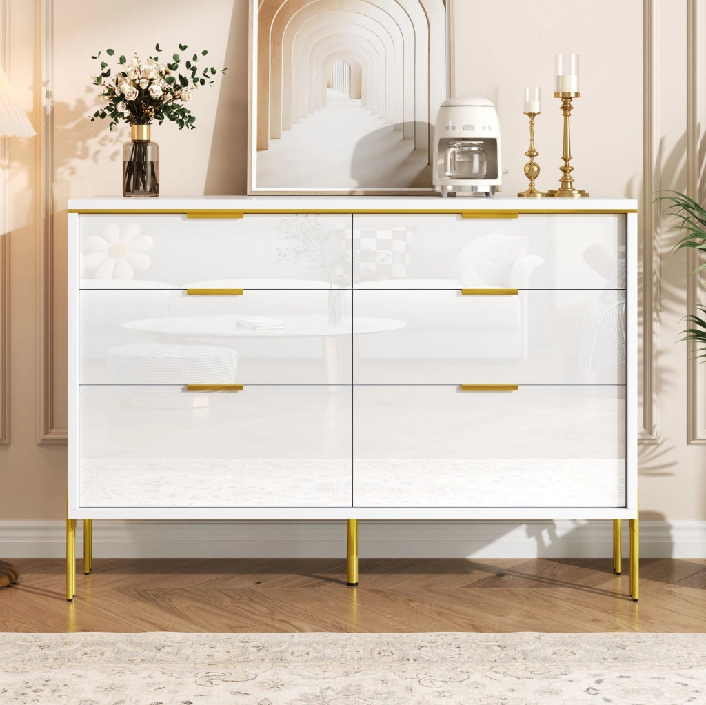 Madia 120x40x85.5 cm con 6 cassetti; frontali lucidi e dettagli dorati; in truciolato; bianco