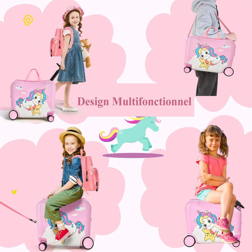 Set di Valigia Cavalcabile 18’’ + Zaino 12’’ per Bambini 2 Pezzi, Bagagli 2-in-1 di con Maniglia Telescopica e 4 Ruote, Trolley Bagaglio a Mano e Zaino per Bambini (Rosa Unicorno-C)