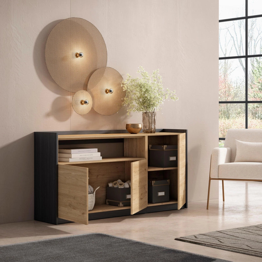 Credenza, Mobile, Cucina, 156x80x37 cm, 3 Porte, grande stoccaggio, Rovere e nero