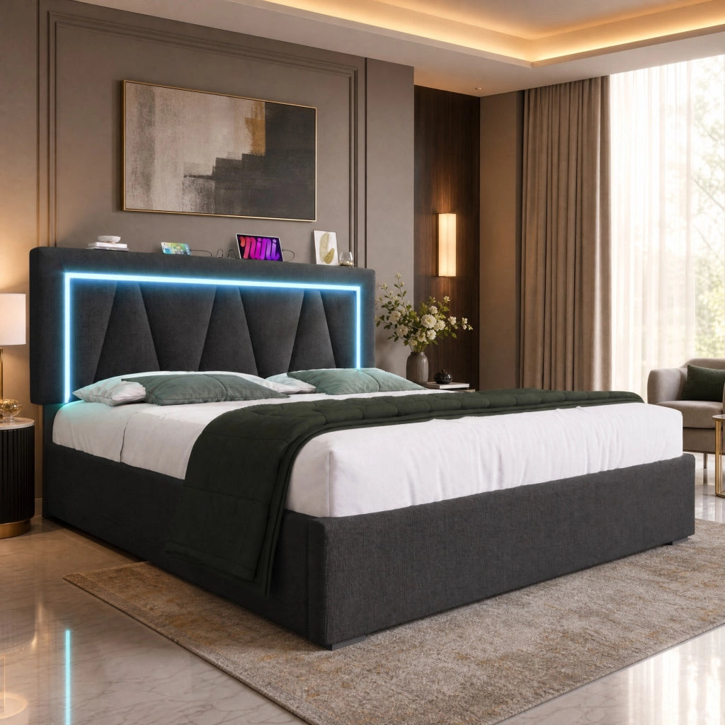 DESMIU Letto Matrimoniale 140 × 200 cm con LED, USB e Type C, contenitore idraulico, con materasso, in lino, grigio