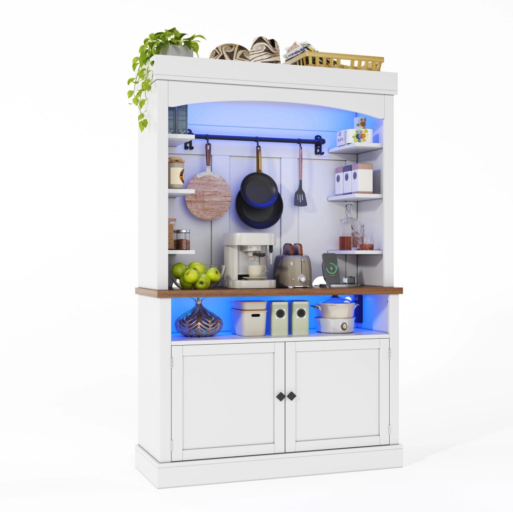 Credenza alta ad arco 106x43x183 cm in MDF bianco con LED RGB; prese USB e 2 prese AC