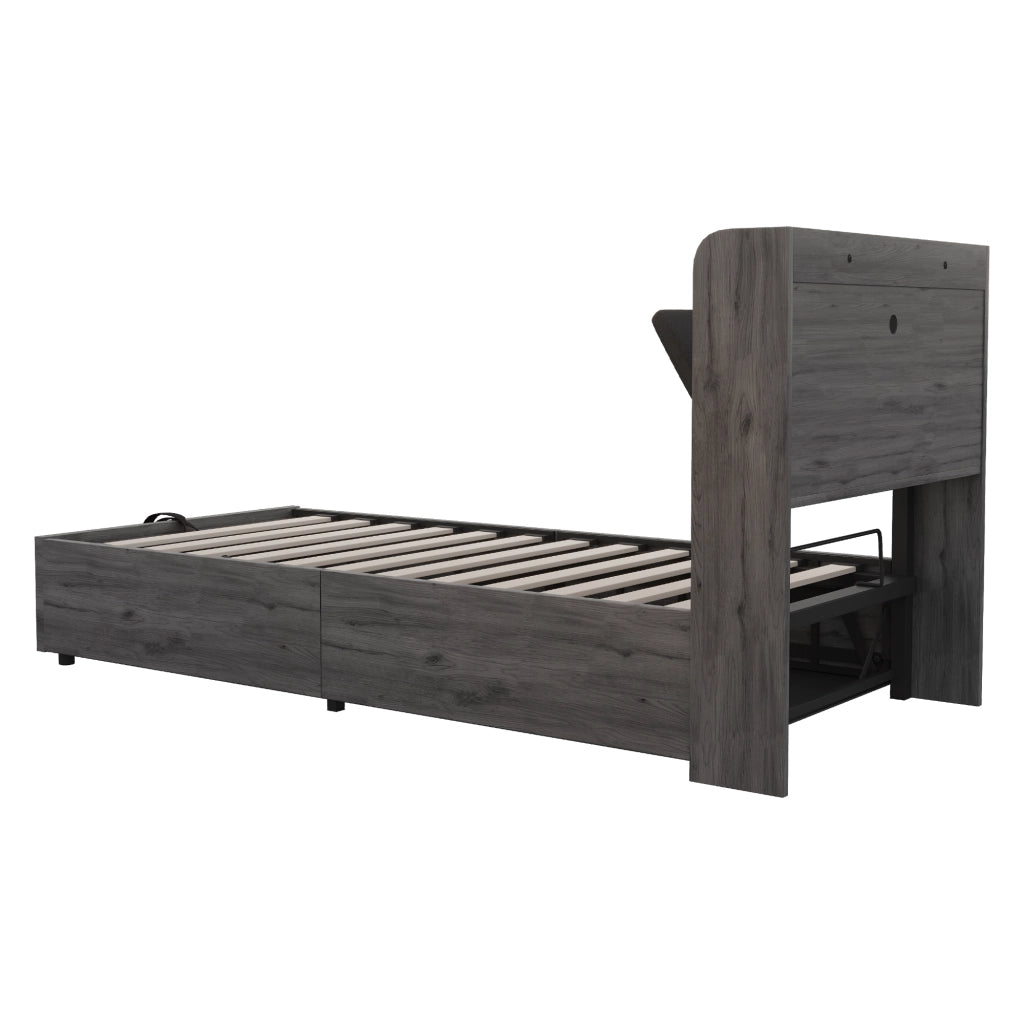 OKWISH Letto contenitore 90×200 cm, Letto Singolo con Contenitore idraulico, USB, Tipo C e Vani, senza Materasso, MDF, Grigio