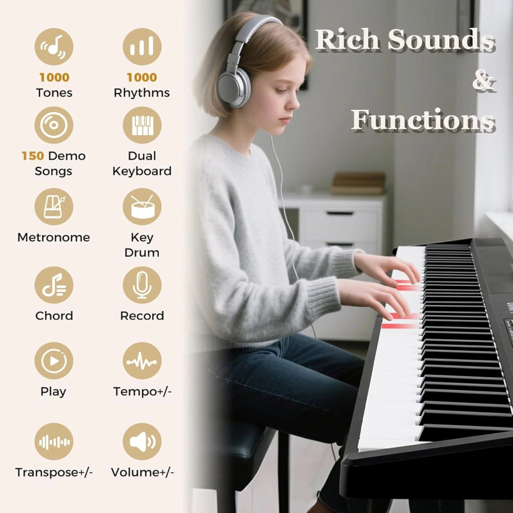 Pianoforte Digitale 88 Tasti Pieghevole, con 1000 Suoni, 1000 Ritmi & 150 Canzoni Demo, Tastiera Elettronica con Microfono, Pianola Facile da Trasportare con Borsa, Nero