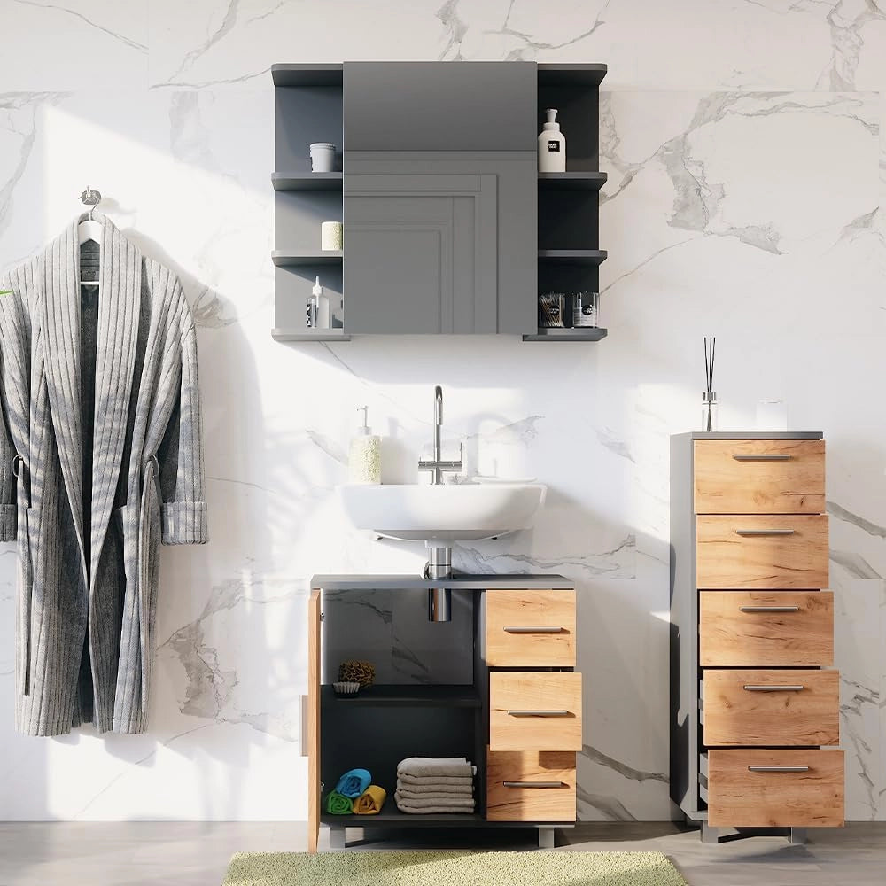 Set di mobili da bagno Ilias, Antracite/quercia dorata, 60.2 cm, composto da mobile sottolavabo, specchiera e mobile medio
