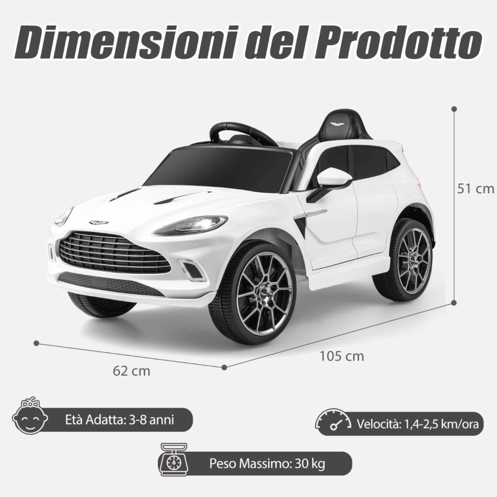 Auto a batteria 12V con licenza Aston Martin DBX doppie porte bloccabili, Veicolo elettrico per bambini Bianco-Macchinine giocattoli