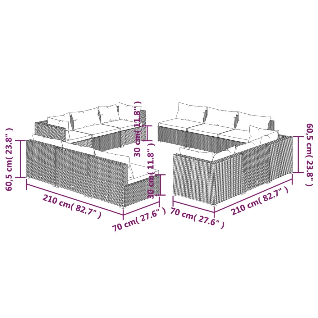 Set Divani da Giardino 12 pz con Cuscini in Polyrattan Nero cod mxl 30044