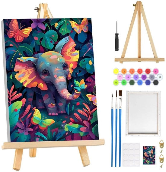 Kit di pittura per adulti - Elefante con lista - Farfalla - Kit di arte DIY - Tempo libero creativo - 20 x 30 cm - Quadro da numerare