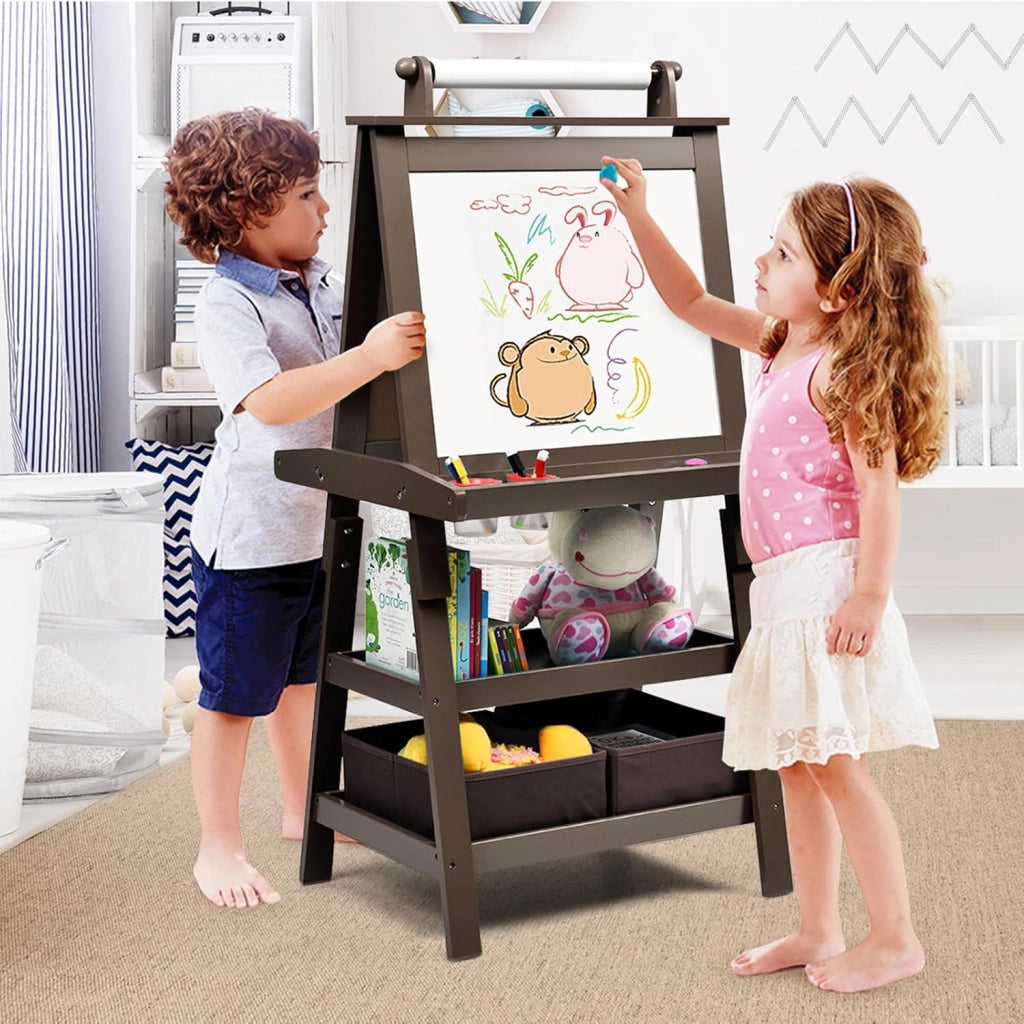 3 in 1 Cavalletto per Bambini con Doppia Faccia, Cavalletto per Disegno con 2 Vassoi e 2 Scatole, Lavagna Bambini in Legno (caffè)
