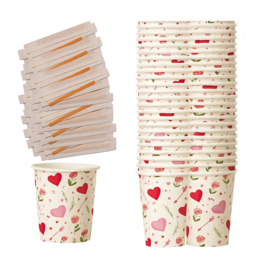 BIOVIRA Bicchierini Caffè 80 ml – 100 Pezzi + 100 palette caffe monouso in Carta Biodegradabile, Resistenti e Anti-Perdita, Perfetti per Espresso, Bar, Ufficio e Kit Caffè - Edizione San Valentino