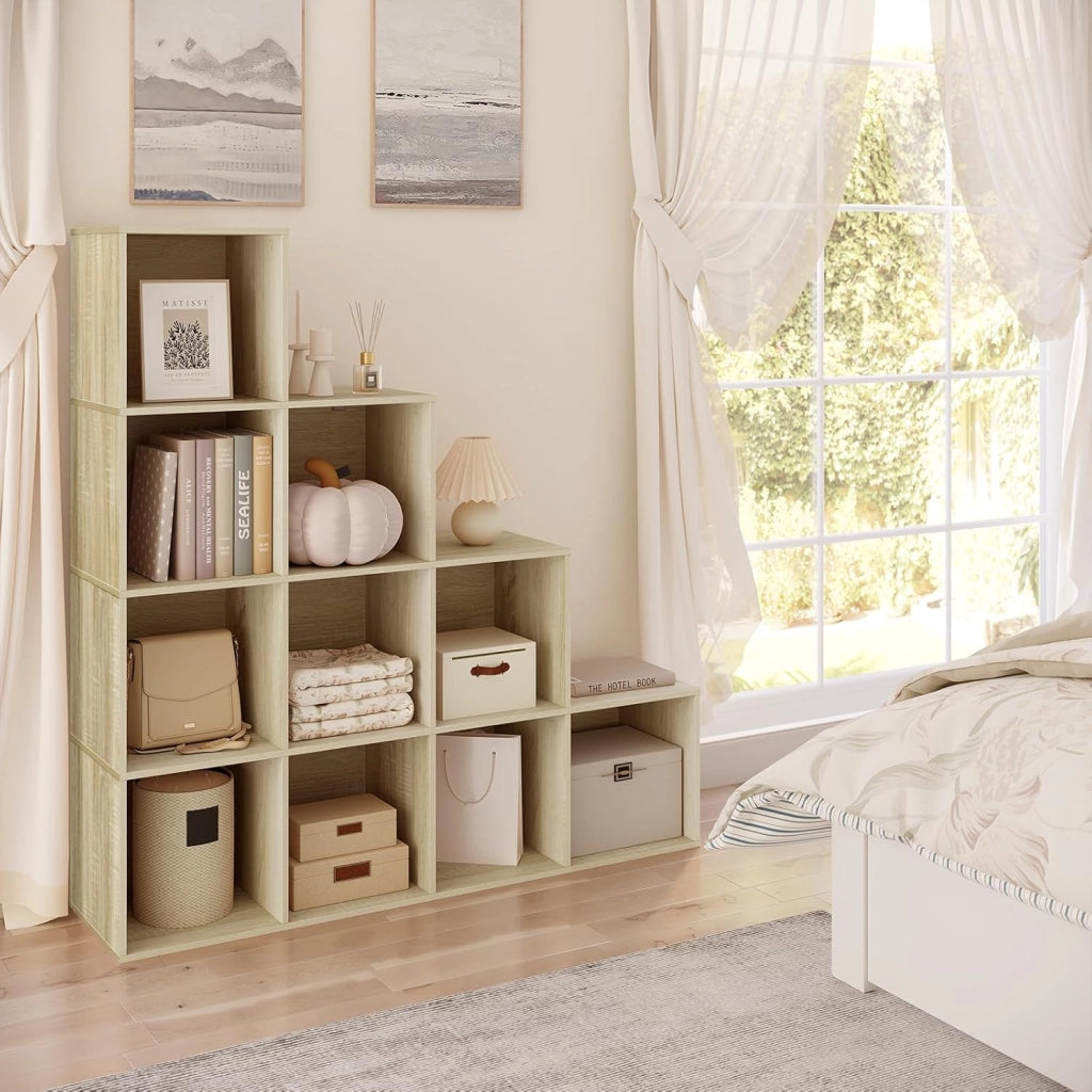 Scaffale per Libri, Scaffale per Scale Con 10 Cubi, Libreria in Legno Ingegnerizzato Rovere Chiaro, per Camera da Letto, Soggiorno, Studio, Ufficio, 120x30x120cm, SK062hei