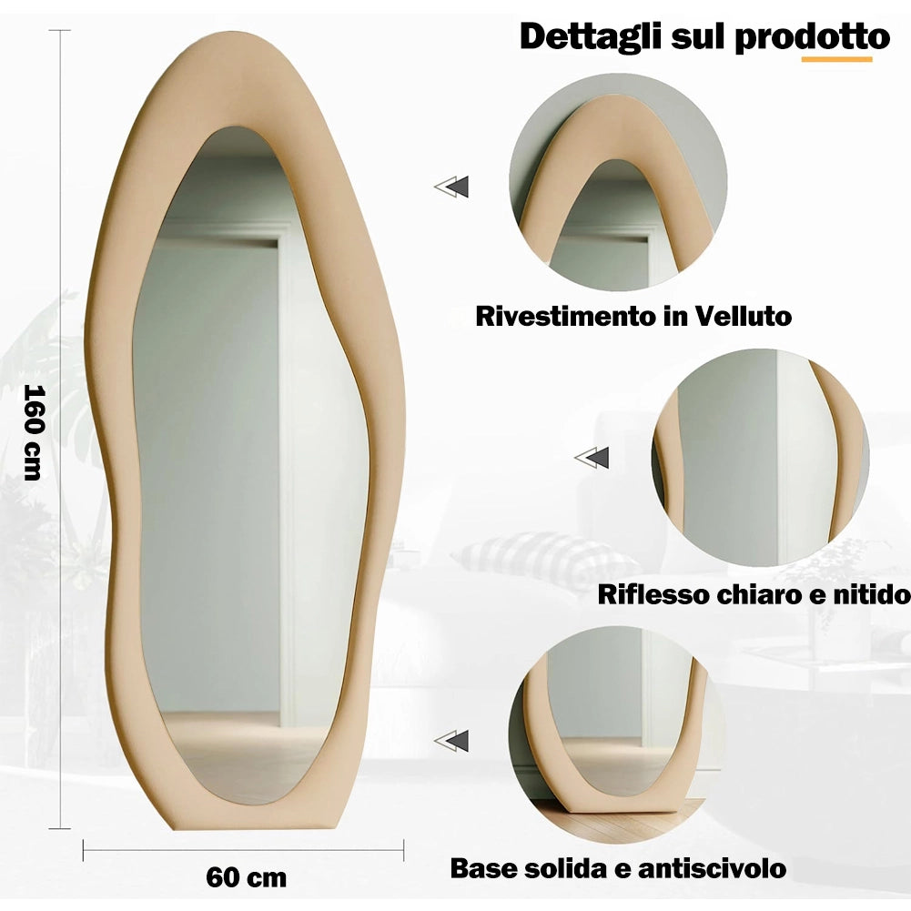 Specchio Grande Ondulato con Cornice Rivestimento in Velluto Cachi 60 x 160 cm