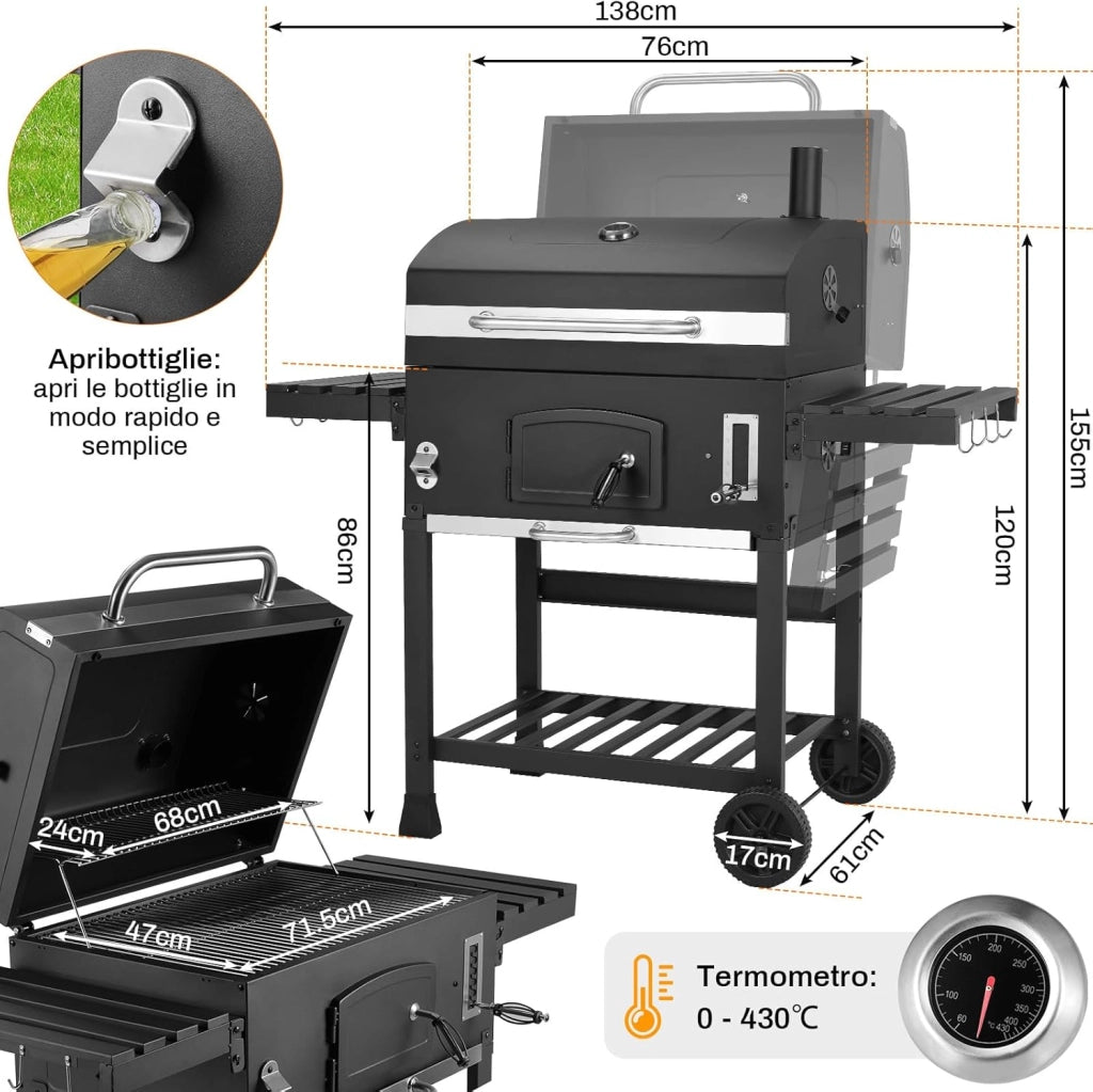 Barbecue a Carbonella XXL, Griglia per Barbecue con Camino e Coperchio, con Termometro e 2PCS Ruotes, Altezza Regolabile, Grande BBQ Smoker per Giardino, Campeggio