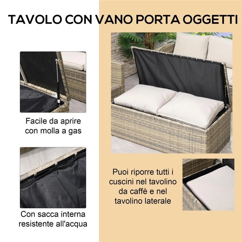 SET MOBILI DA GIARDINO 6 PEZZI IN RATTAN CON DIVANI, POLTRONE E TAVOLI CONTENITORE, BEIGE