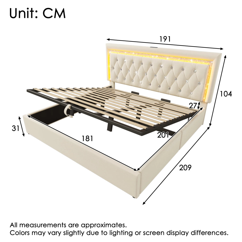 Letto Matrimoniale 180x200 cm; USB e Type-C; LED Regolabile; Contenitore Idraulico; in Velluto Beige