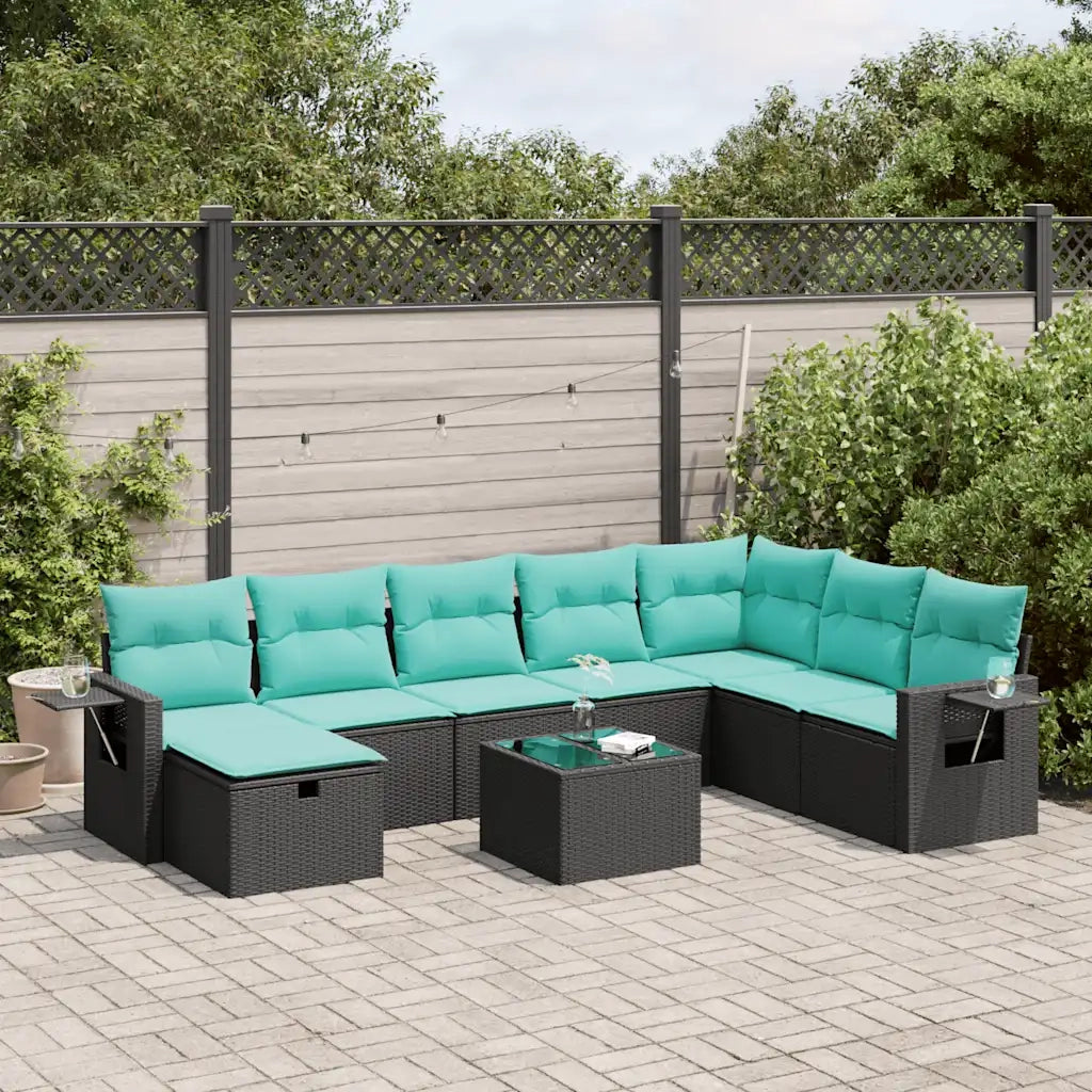 Set Divani da Giardino 9 pz con Cuscini Nero in Polyrattan
