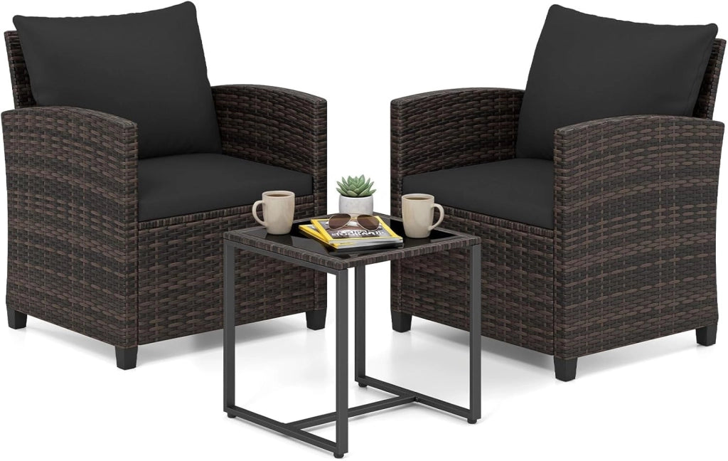 Set Mobili da Giardino 3 Pezzi, Salotto da Esterno in Rattan PE con 2 Poltrone e 1 Tavolino in Vetro Temperato, Set da Conversazione con Cuscini Sfoderabili per Patio (Nero, Modello 5)