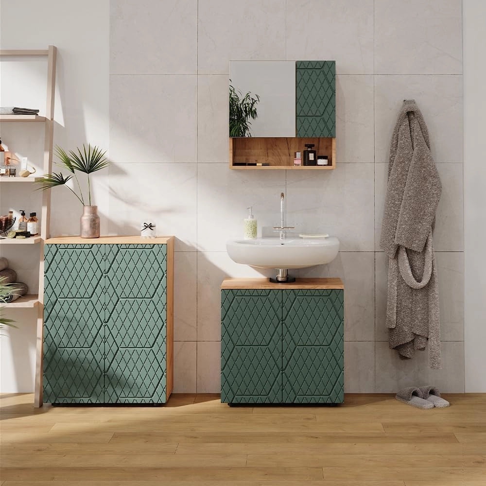 Set mobili bagno Irma, Quercia verde/oro, 3 parti, con unità di base 60 cm, composto da mobile sottolavabo, specchiera e mobile medio