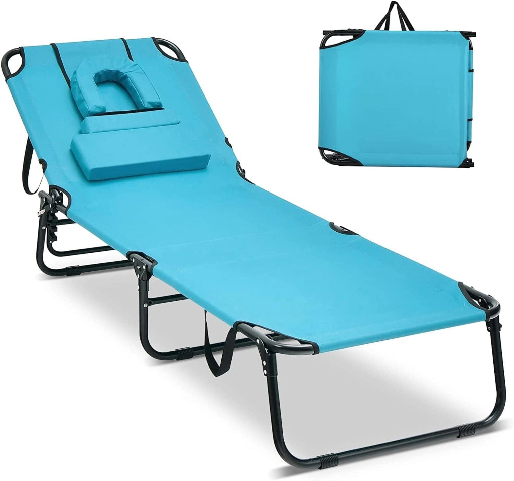 Sedia Sdraio Pieghevole, Sedia Sdraio da Esterno con Foro per il Viso e Cuscini, Lettino Mare Pieghevole Portatile per Spiaggia,64x29x193,5 cm, 3 Colori (Turchese)